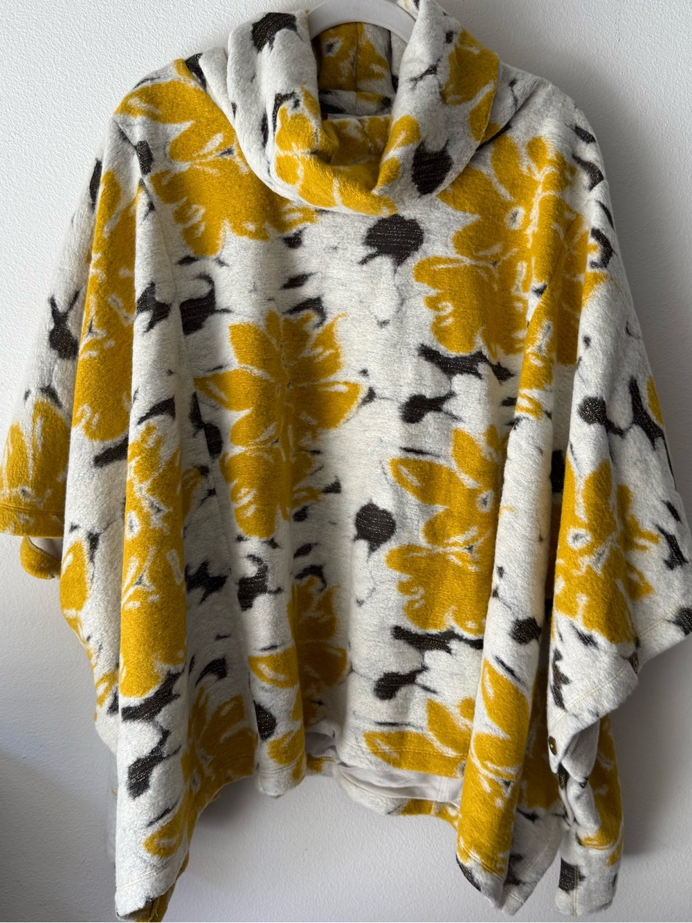 Anthropologie Mustard Yellow, Cream & Black Floral Poncho Sweater